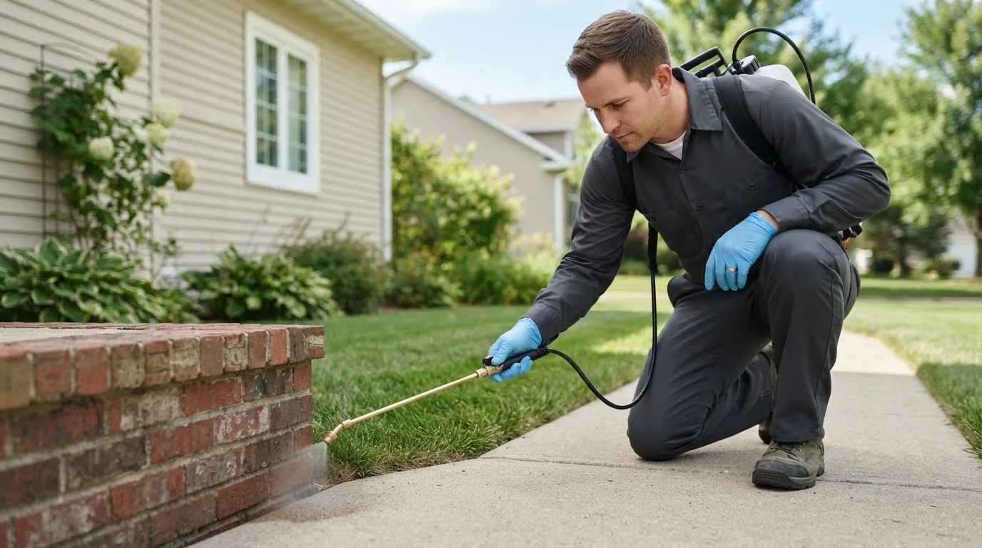 Pest control technician treating a home near Barneveld, WI
