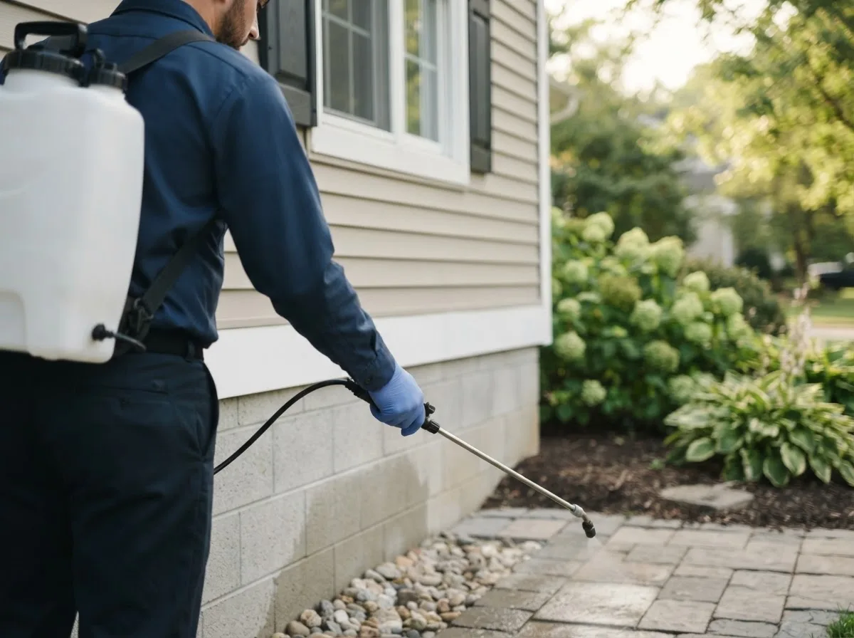 Pest control technician inspecting a home in Barneveld, WI
